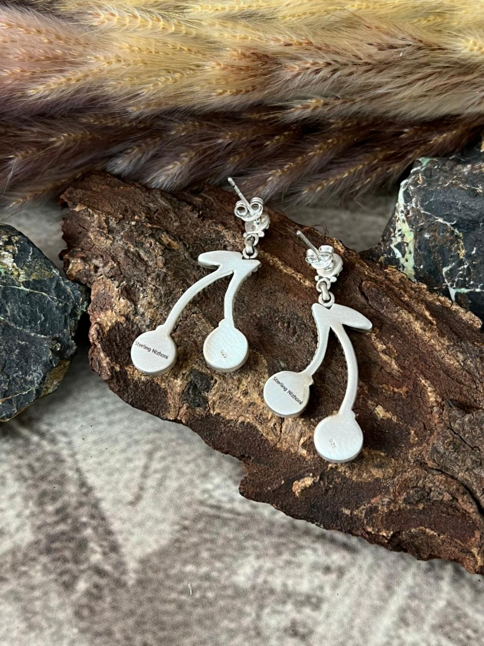 Handmade Sterling Silver Rosarita with Kingman Turquoise Post Cherry Earrings "Signed Nizhoni"