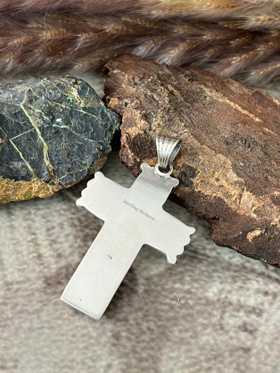 Handmade Sterling Silver White Water with Palomino Turquoise Cross Pendant "Signed Nizhoni"