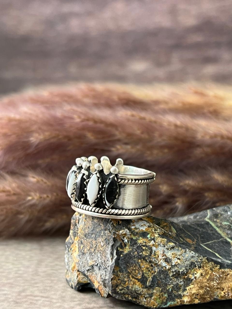 Handmade Sterling Silver White Buffalo Adjustable Ring "Signed Nizhoni"