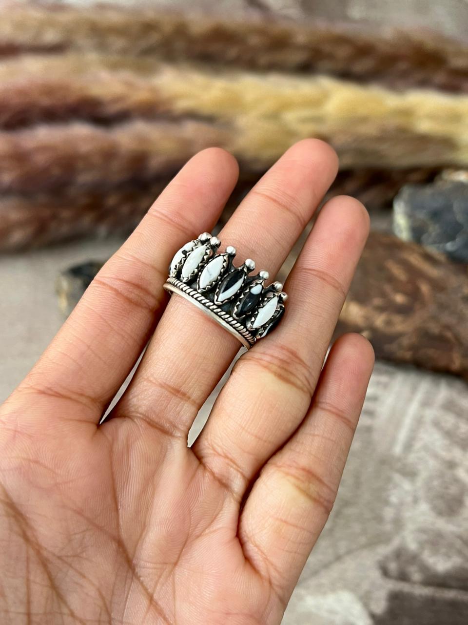 Handmade Sterling Silver White Buffalo Adjustable Ring "Signed Nizhoni"