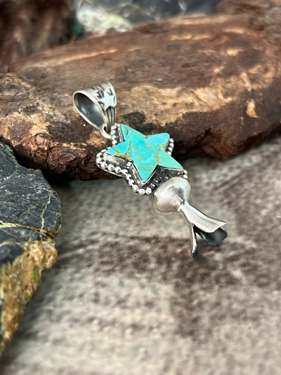 Handmade Sterling Silver Kingman Turquoise Star Pendant "Signed Nizhoni"
