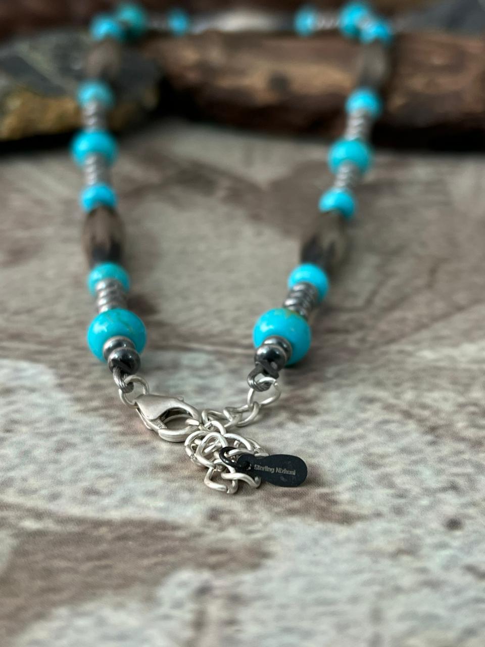 Handmade Sterling Silver Kingman Turquoise Beaded Necklace "Signed Nizhoni"