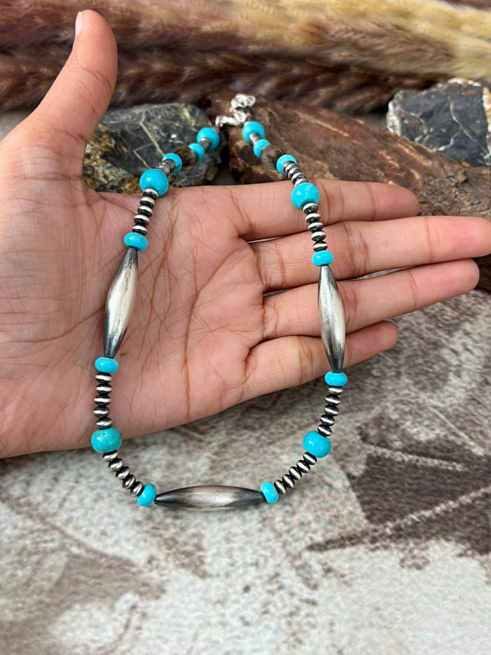 Handmade Sterling Silver Kingman Turquoise Beaded Necklace "Signed Nizhoni"