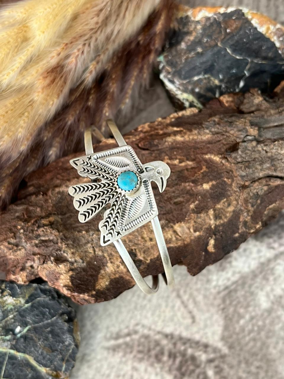 Handmade Sterling Silver Kingman Turquoise Thunder Bird Cuff Bracelet "Signed Nizhoni"