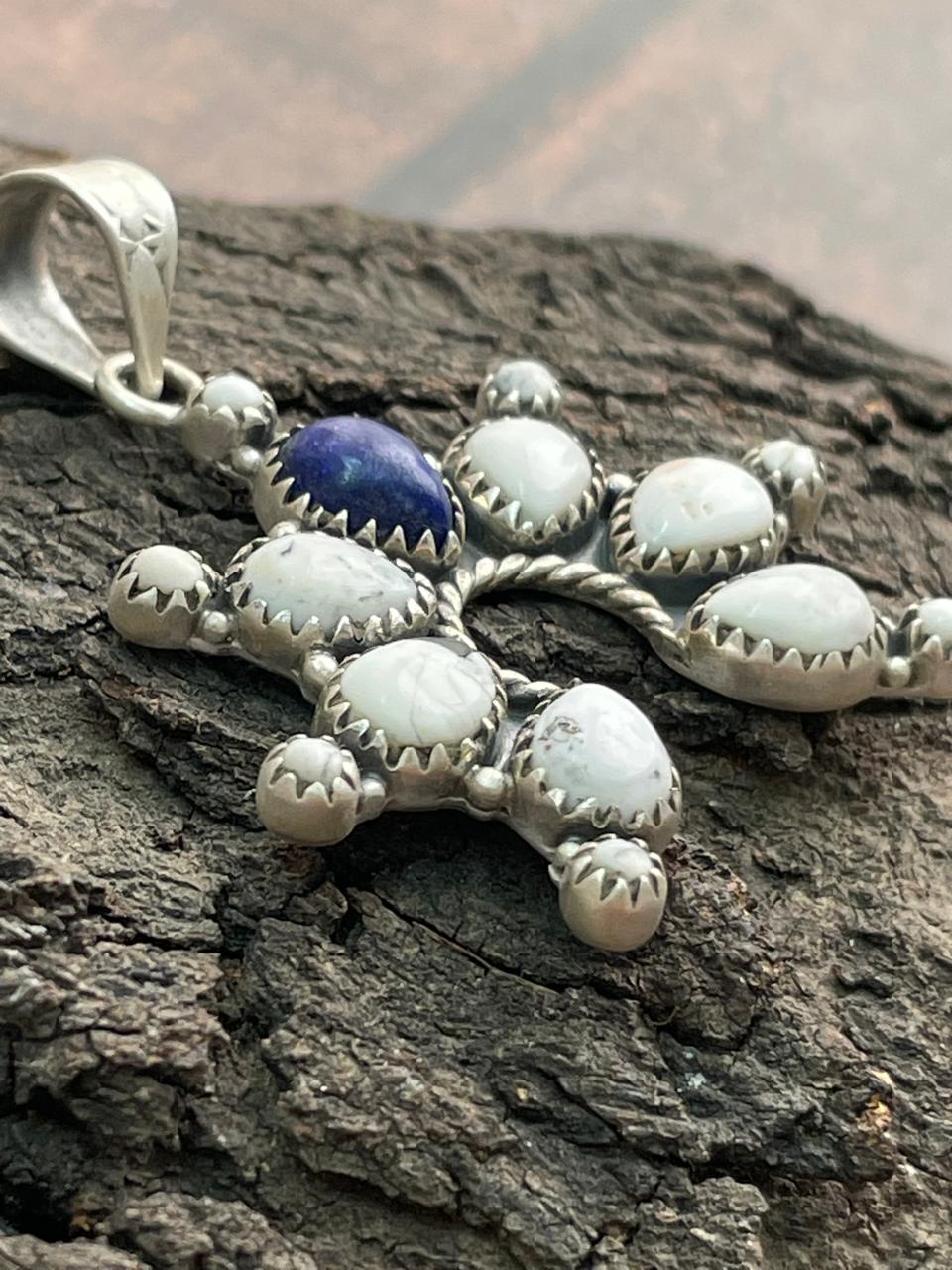Handmade Sterling Silver Lapis with White Buffalo Pendant "Signed Nizhoni"