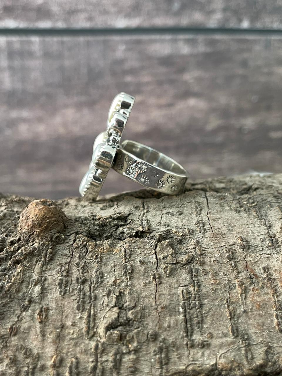 Handmade Sterling Silver Wedding Collection: Mother of Pearl Adjustable Ring "Signed Nizhoni"