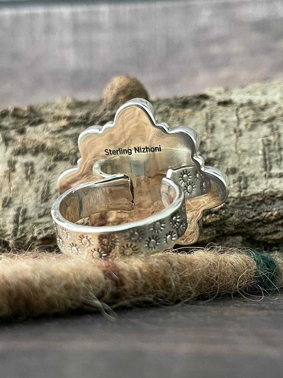 Handmade Sterling Silver Wedding Collection: Mother of Pearl Adjustable Ring "Signed Nizhoni"