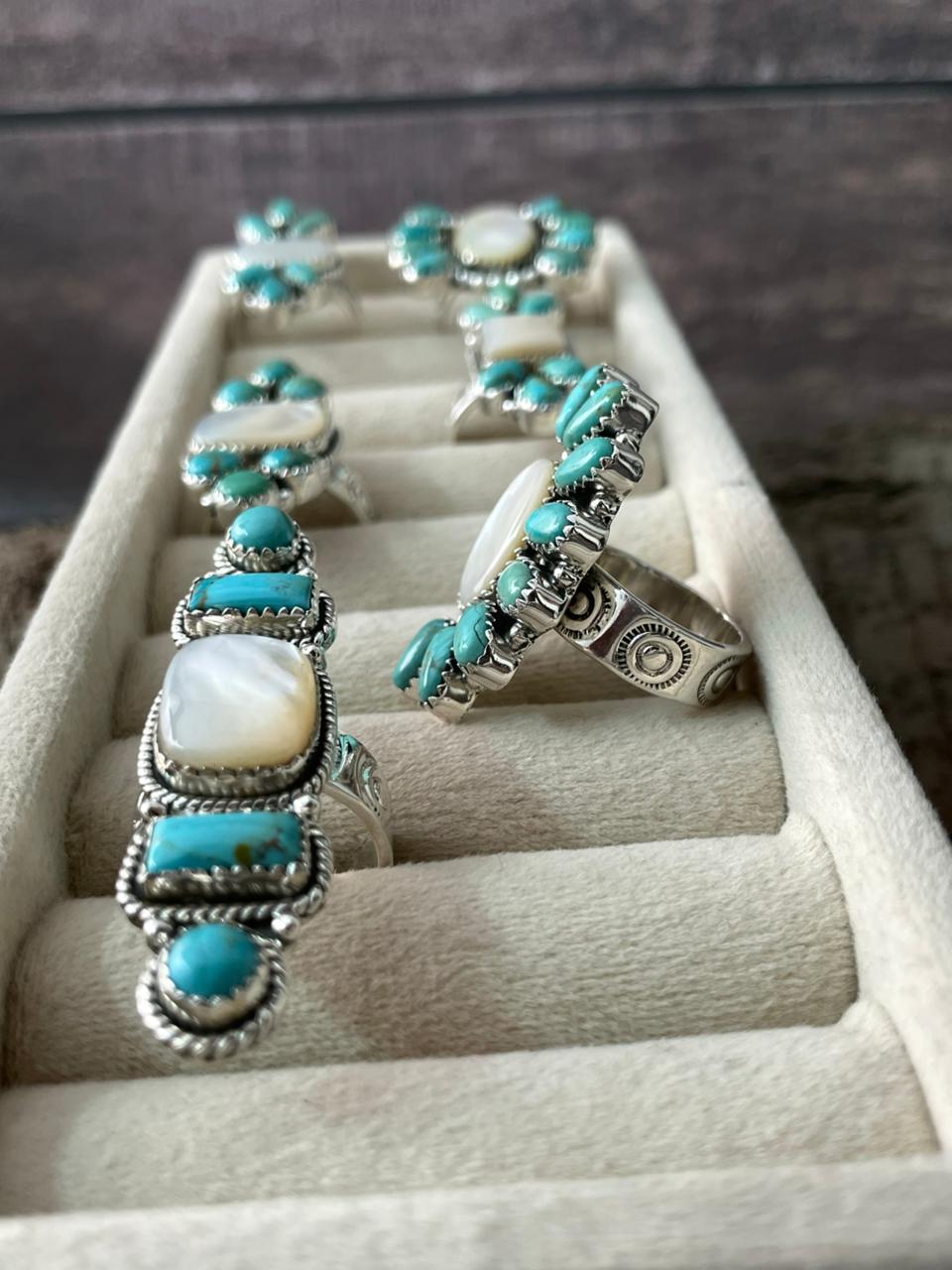 Handmade Sterling Silver Wedding Collection: Mother of Pearl with Kingman Turquoise Adjustable Ring "Signed Nizhoni"