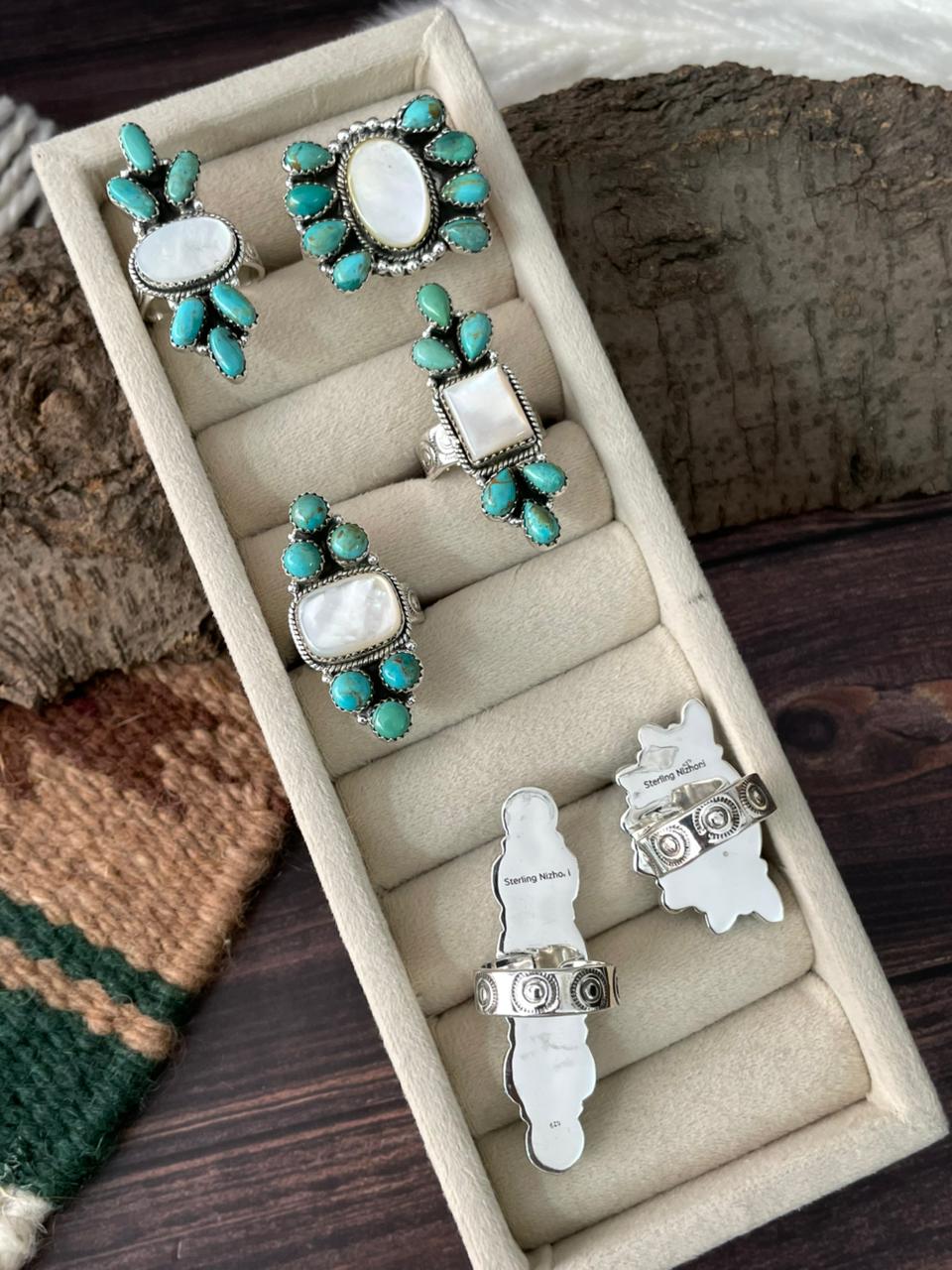 Handmade Sterling Silver Wedding Collection: Mother of Pearl with Kingman Turquoise Adjustable Ring "Signed Nizhoni"