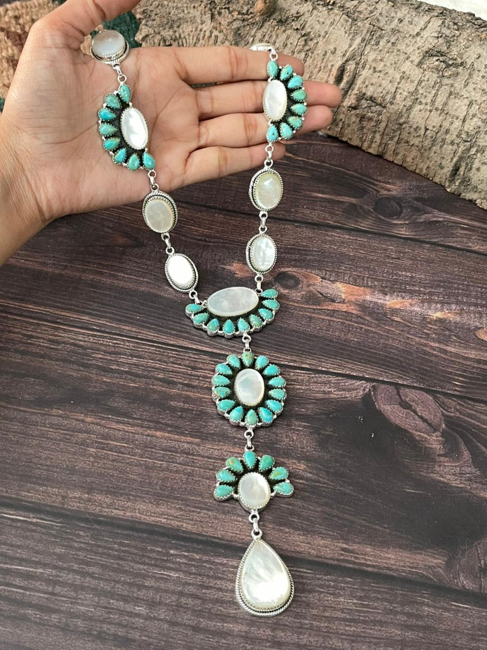 Handmade Sterling Silver Wedding Collection: Mother of Pearl with Kingman Turquoise "Signed Nizhoni"