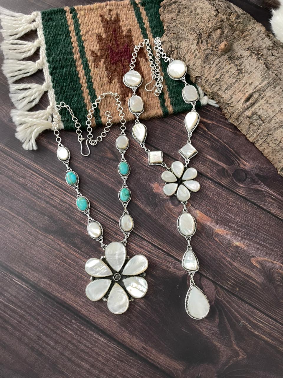 Handmade Sterling Silver Wedding Collection: Mother of Pearl with Kingman Turquoise Necklace "Signed Nizhoni"