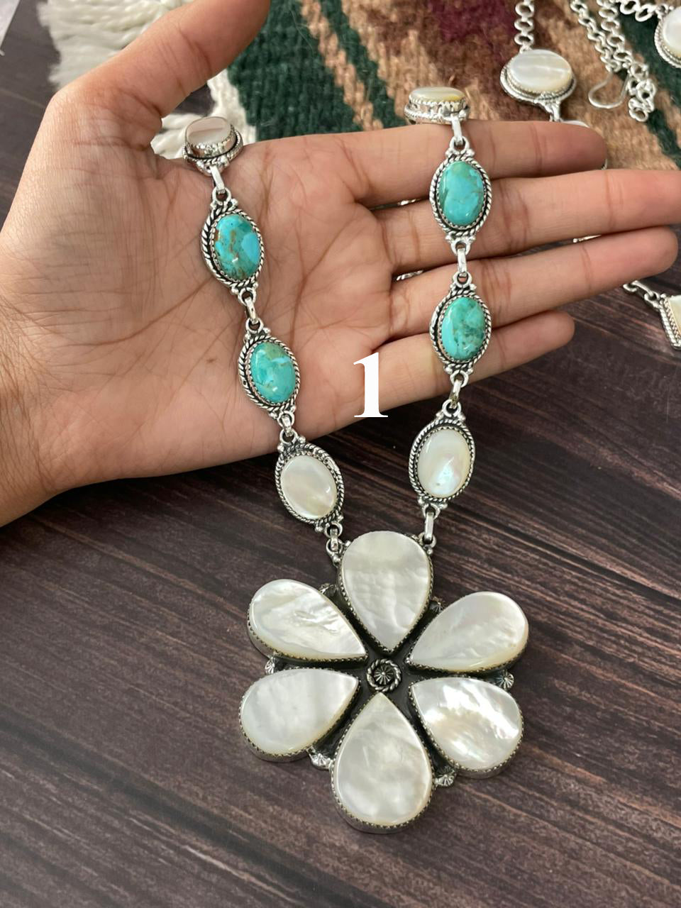 Handmade Sterling Silver Wedding Collection: Mother of Pearl with Kingman Turquoise Necklace "Signed Nizhoni"