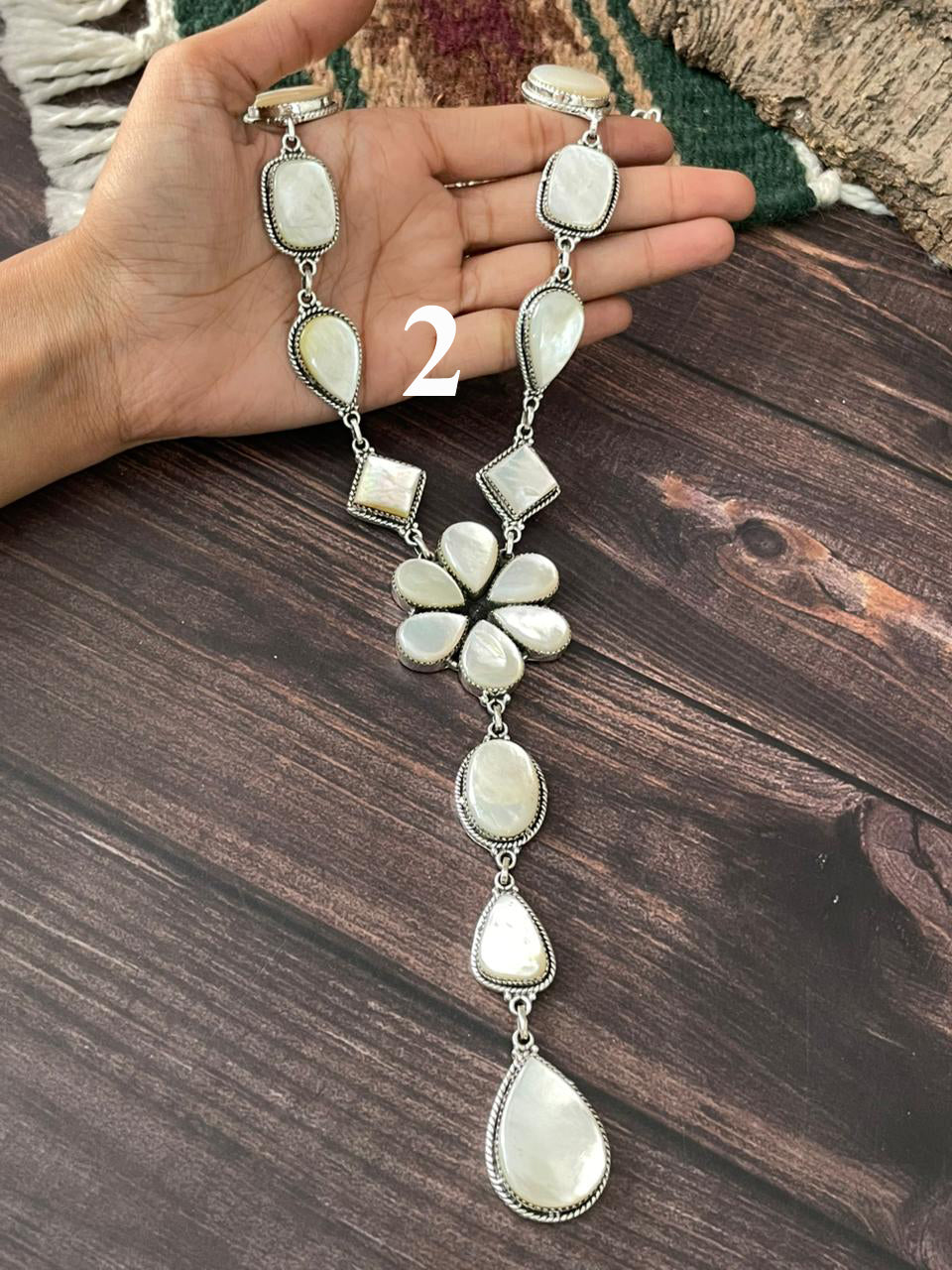 Handmade Sterling Silver Wedding Collection: Mother of Pearl with Kingman Turquoise Necklace "Signed Nizhoni"