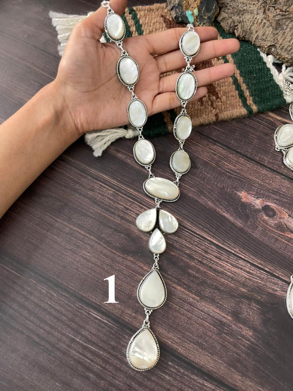 Handmade Sterling Silver Wedding Collection: Mother of Pearl Necklace "Signed Nizhoni"