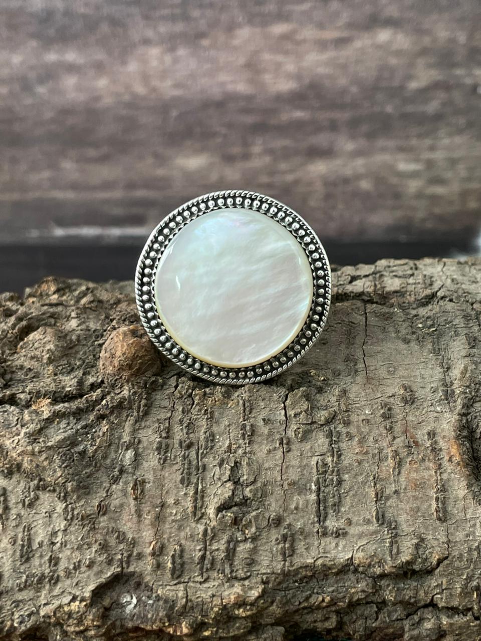 Handmade Sterling Silver Wedding Collection: Mother of Pearl Adjustable Ring "Signed Nizhoni"