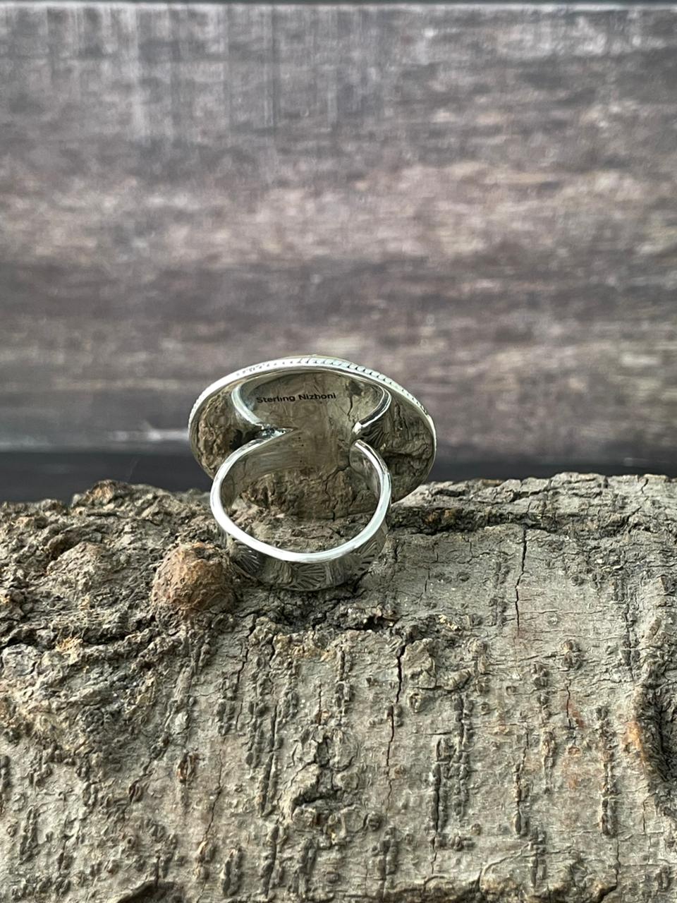 Handmade Sterling Silver Wedding Collection: Mother of Pearl Adjustable Ring "Signed Nizhoni"