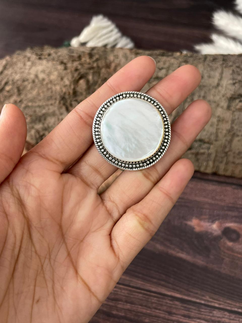 Handmade Sterling Silver Wedding Collection: Mother of Pearl Adjustable Ring "Signed Nizhoni"