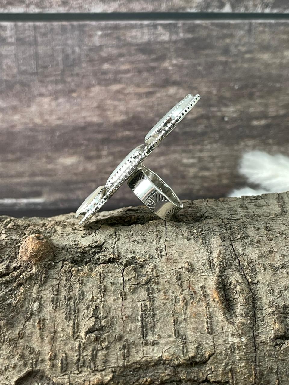 Handmade Sterling Silver Wedding Collection: Mother of Pearl Adjustable Ring "Signed Nizhoni"