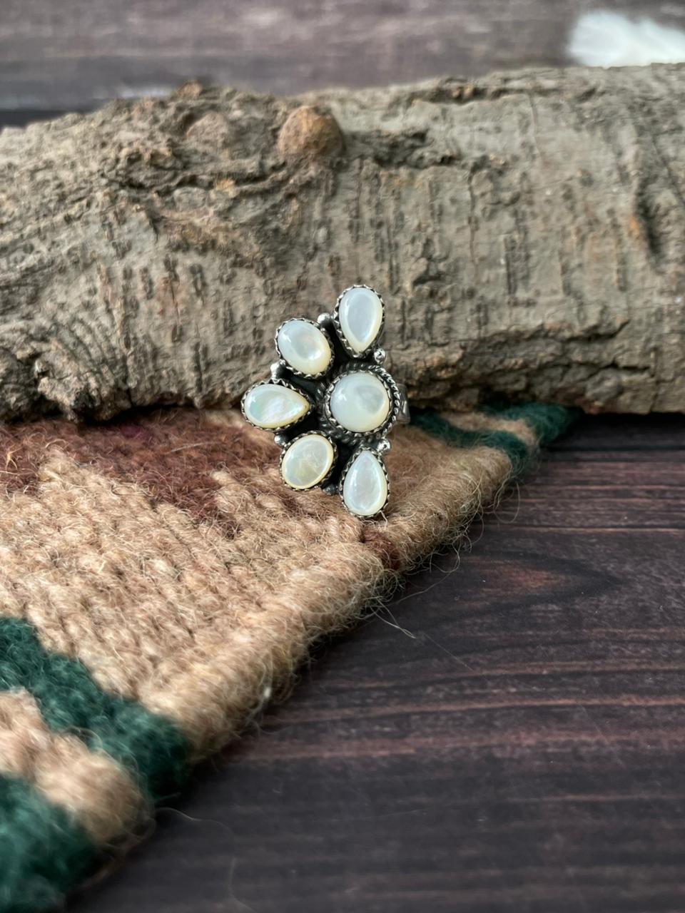 Handmade Sterling Silver Wedding Collection: Mother of Pearl Adjustable Ring "Signed Nizhoni"