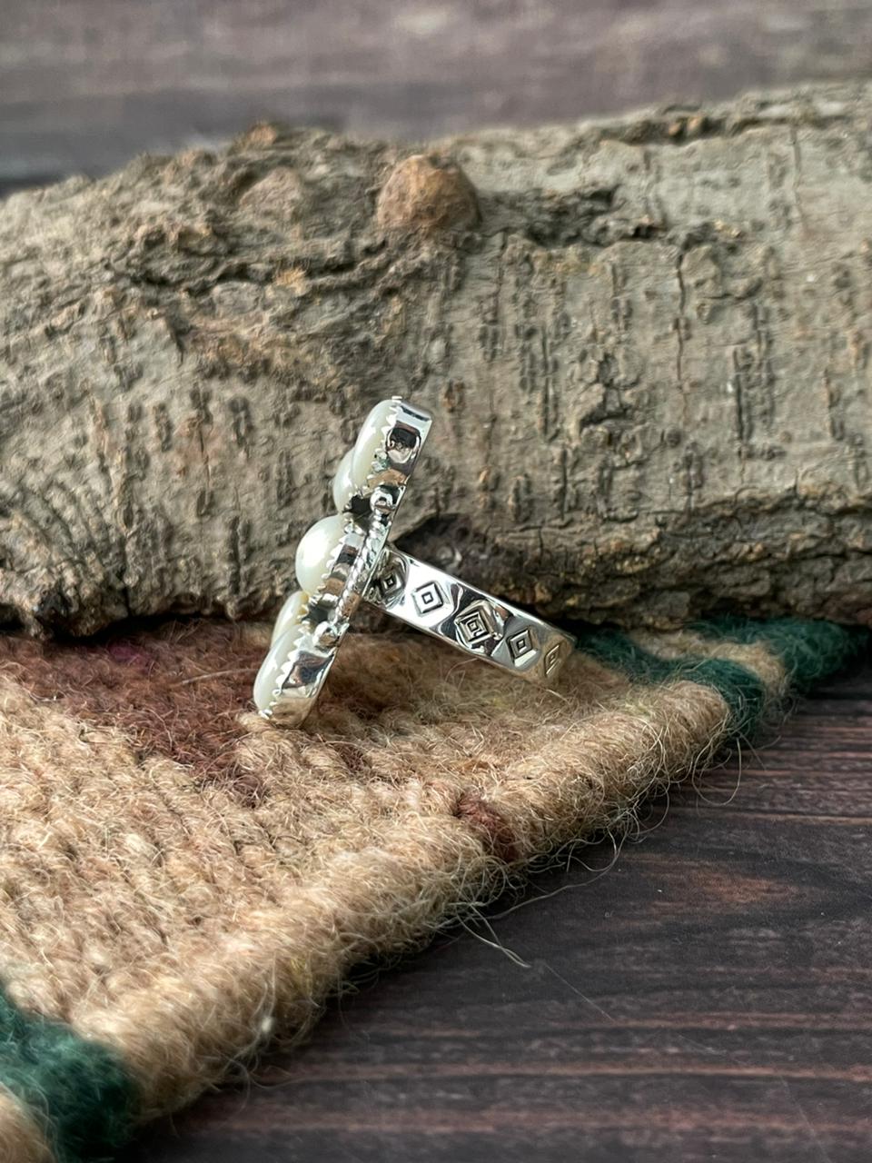 Handmade Sterling Silver Wedding Collection: Mother of Pearl Adjustable Ring "Signed Nizhoni"