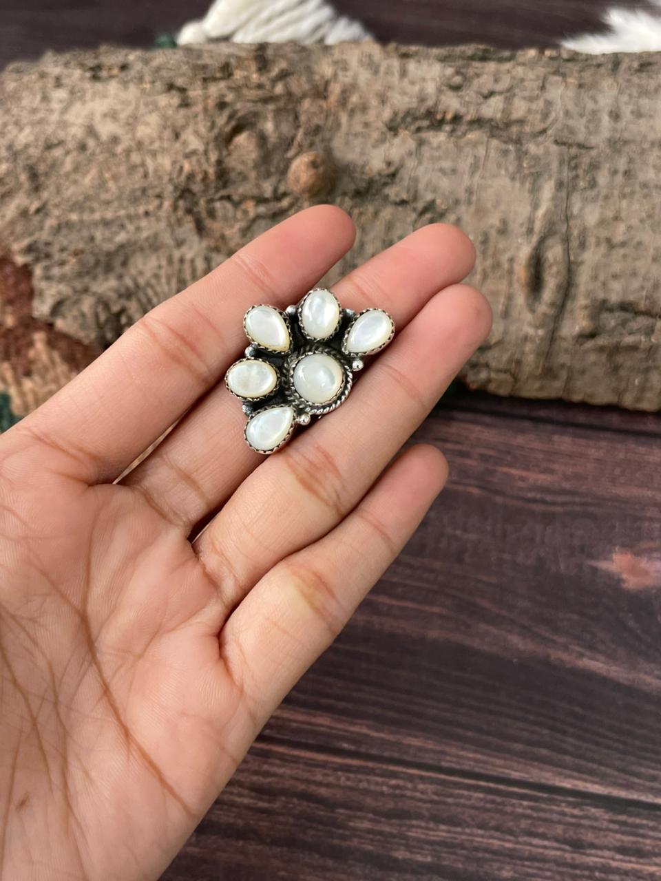 Handmade Sterling Silver Wedding Collection: Mother of Pearl Adjustable Ring "Signed Nizhoni"