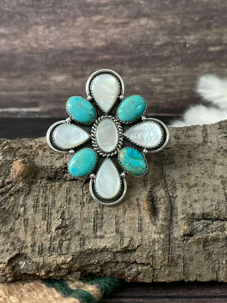 Handmade Sterling Silver Wedding Collection: Mother of Pearl with Kingman Turquoise Adjustable Ring "Signed Nizhoni"