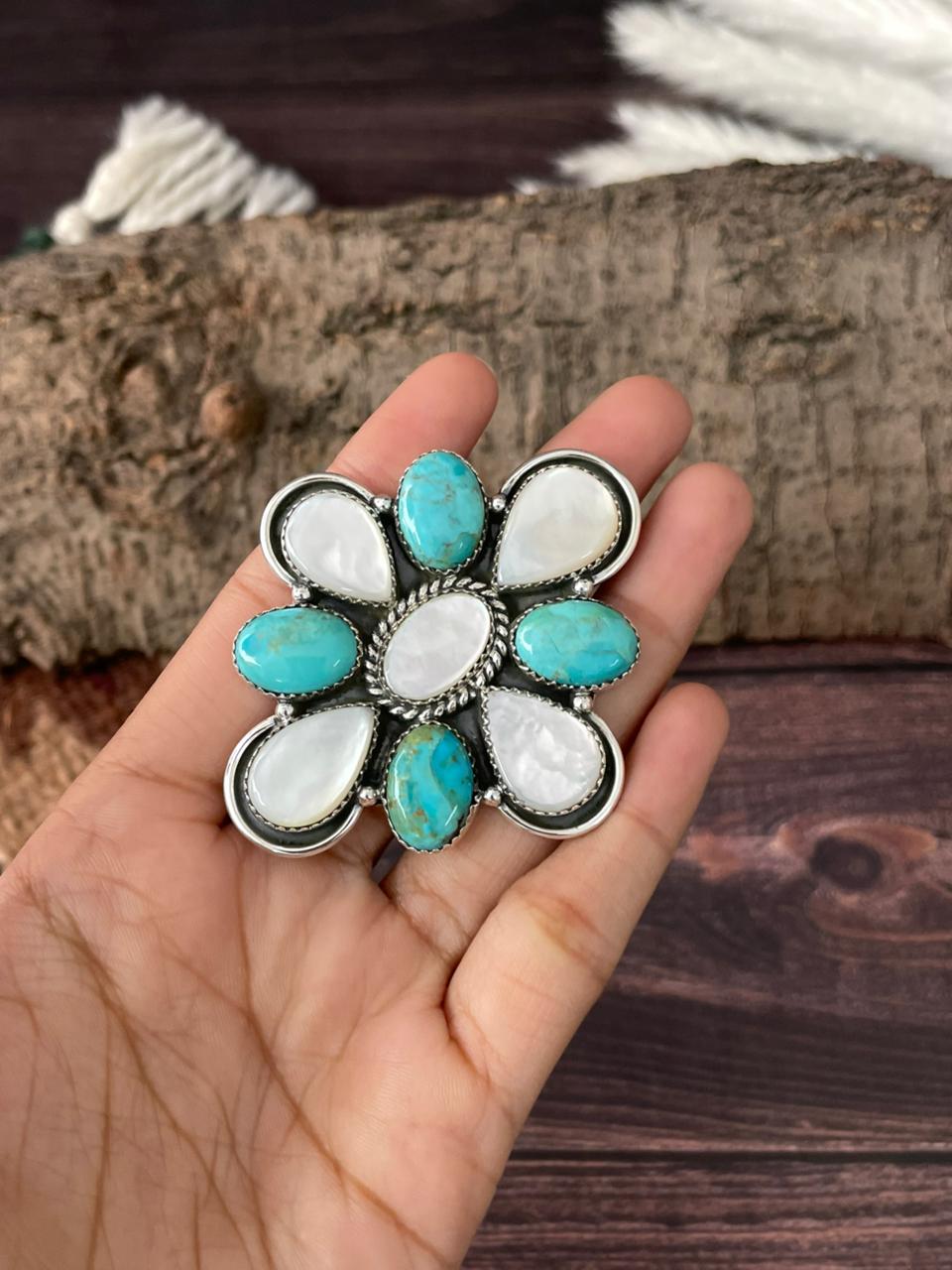 Handmade Sterling Silver Wedding Collection: Mother of Pearl with Kingman Turquoise Adjustable Ring "Signed Nizhoni"