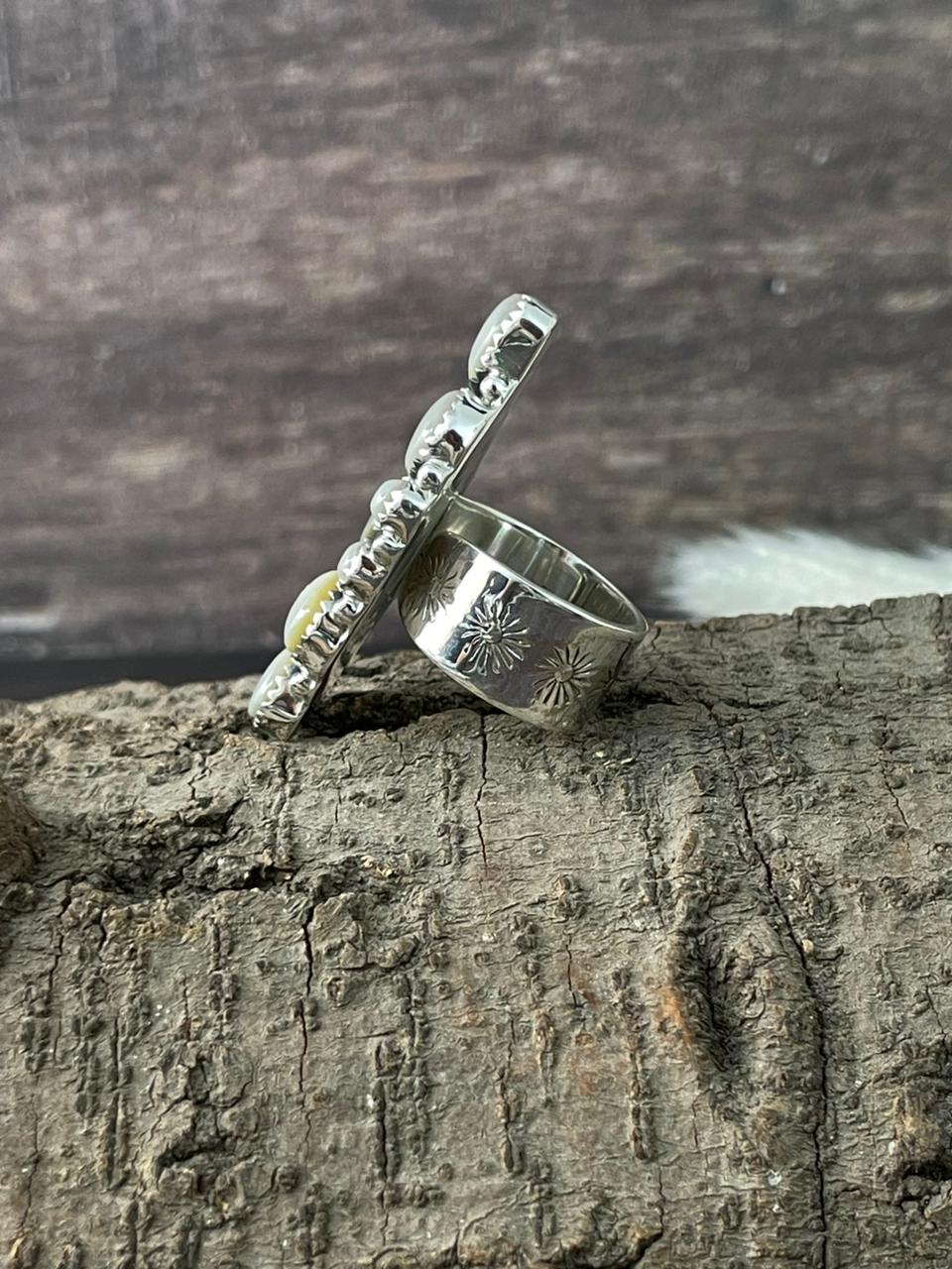 Handmade Sterling Silver Wedding Collection: Mother of Pearl Adjustable Ring "Signed Nizhoni"