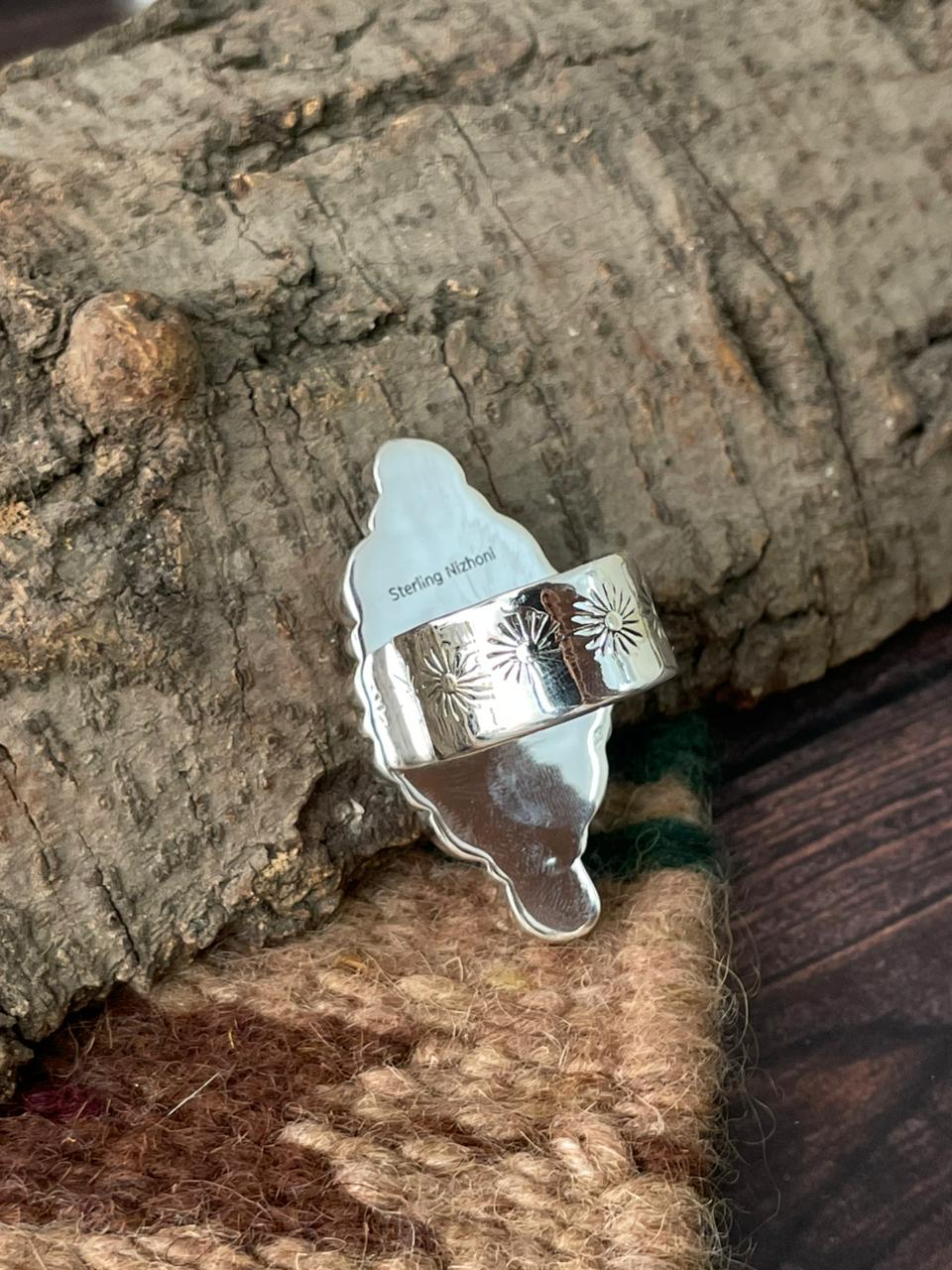 Handmade Sterling Silver Wedding Collection: Mother of Pearl Adjustable Ring "Signed Nizhoni"