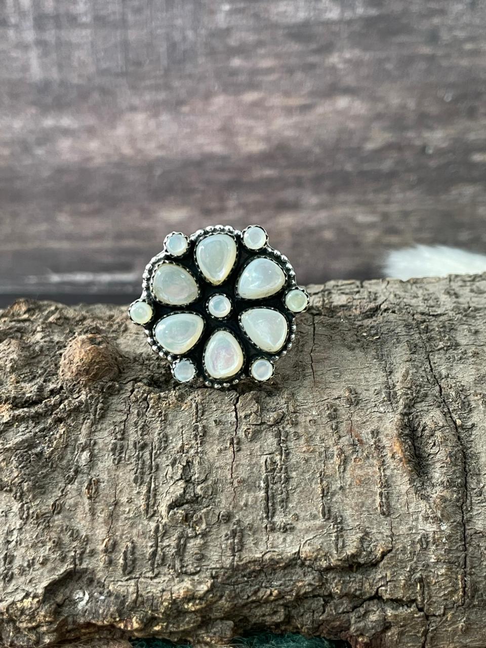 Handmade Sterling Silver Wedding Collection: Mother of Pearl Adjustable Ring "Signed Nizhoni"