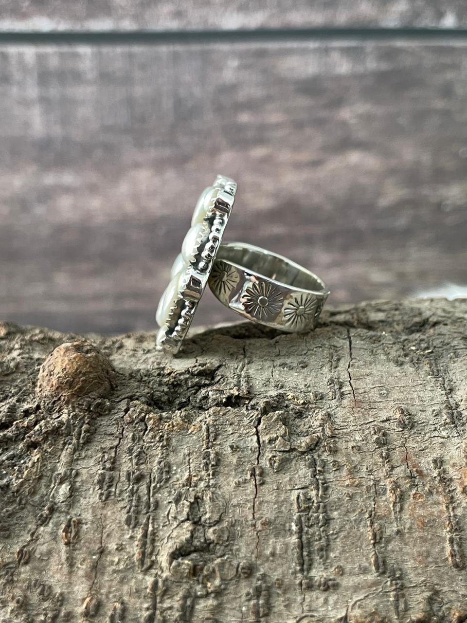 Handmade Sterling Silver Wedding Collection: Mother of Pearl Adjustable Ring "Signed Nizhoni"