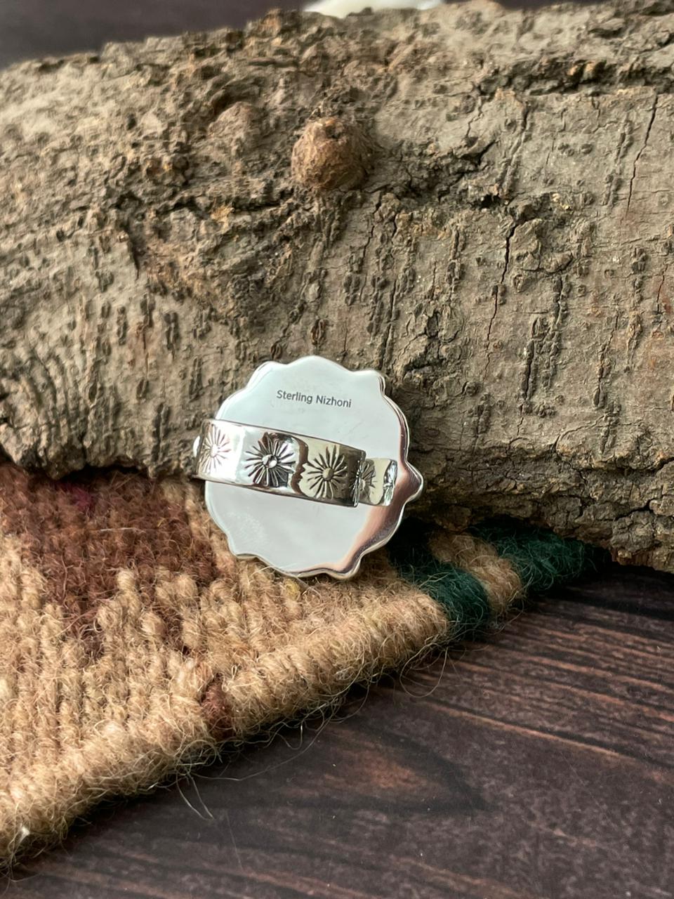 Handmade Sterling Silver Wedding Collection: Mother of Pearl Adjustable Ring "Signed Nizhoni"