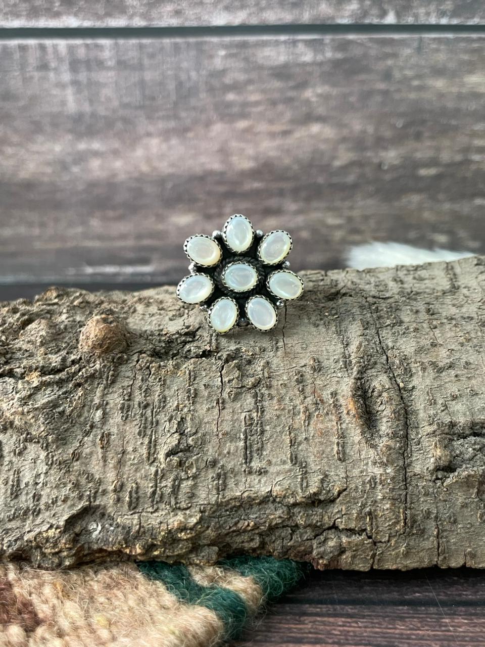 Handmade Sterling Silver Wedding Collection: Mother of Pearl Adjustable Ring "Signed Nizhoni"