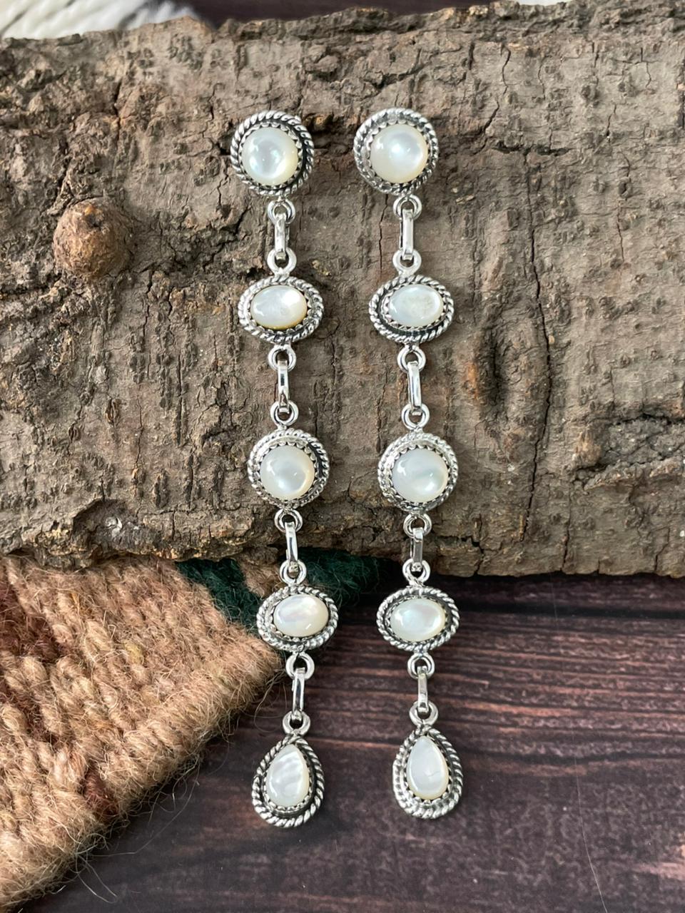 Handmade Sterling Silver Wedding Collection: Mother of Pearl Post Dangle Earrings "Signed Nizhoni"