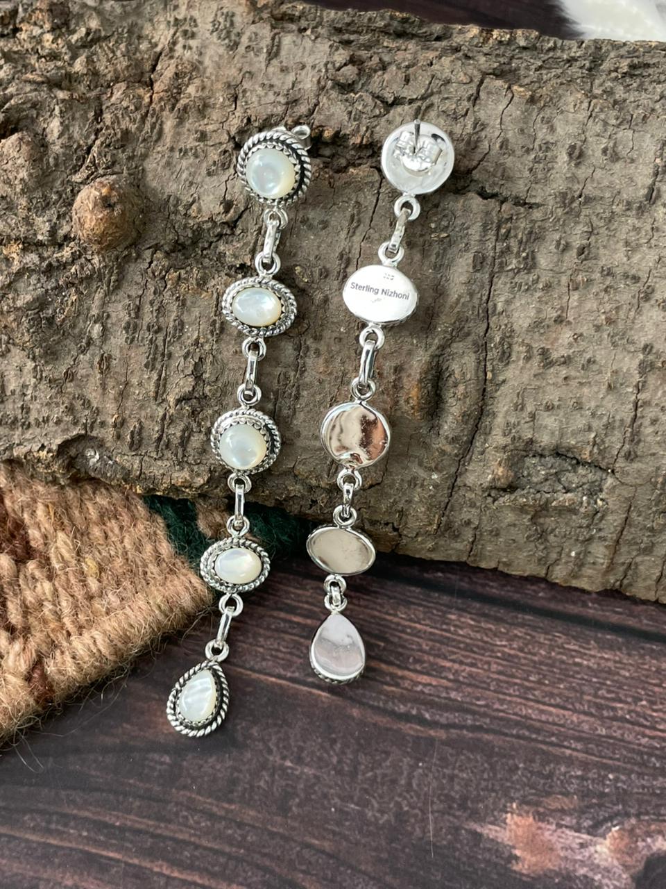 Handmade Sterling Silver Wedding Collection: Mother of Pearl Post Dangle Earrings "Signed Nizhoni"