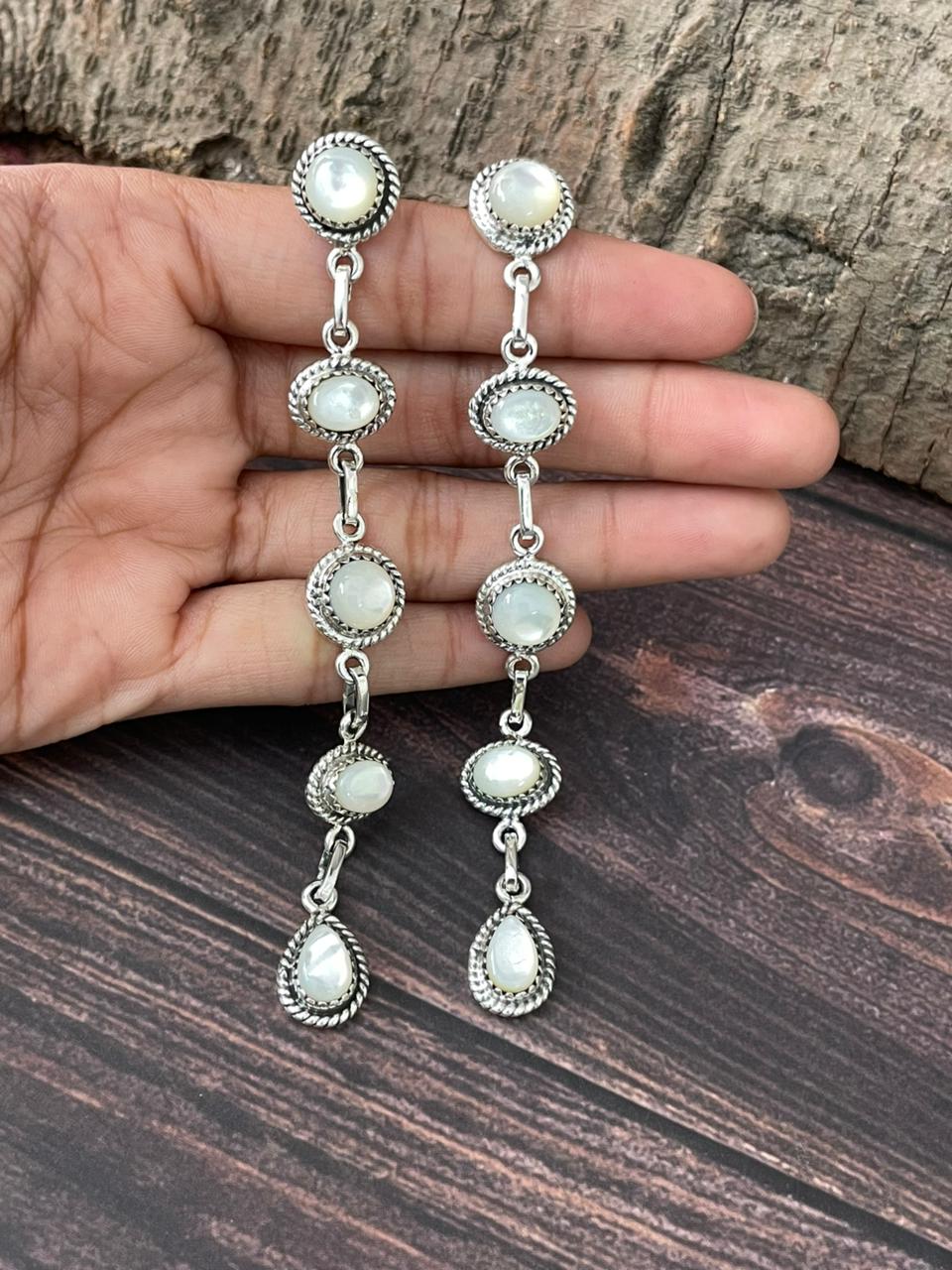 Handmade Sterling Silver Wedding Collection: Mother of Pearl Post Dangle Earrings "Signed Nizhoni"