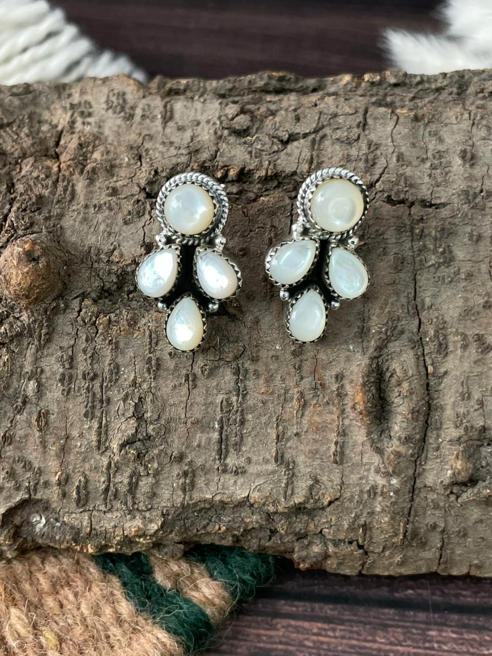 Handmade Sterling Silver Wedding Collection: Mother of Pearl Post Studs Earrings "Signed Nizhoni"