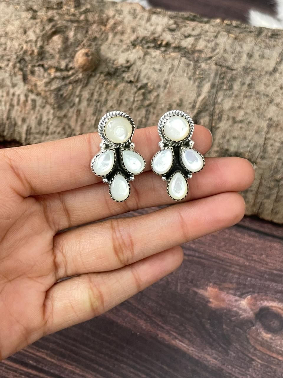 Handmade Sterling Silver Wedding Collection: Mother of Pearl Post Studs Earrings "Signed Nizhoni"