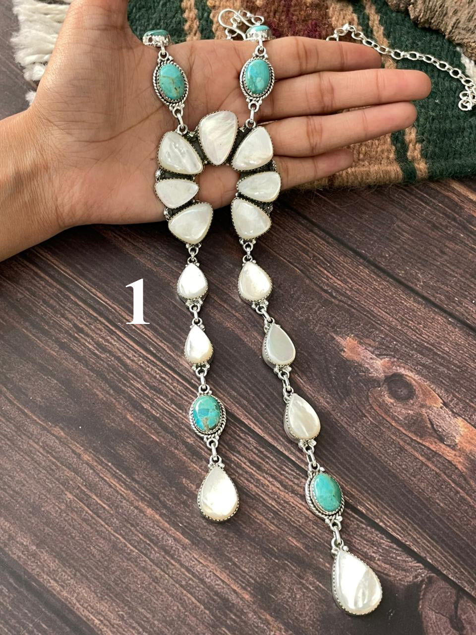 Handmade Sterling Silver Wedding Collection: Mother of Pearl with Kingman Turquoise "Signed Nizhoni"