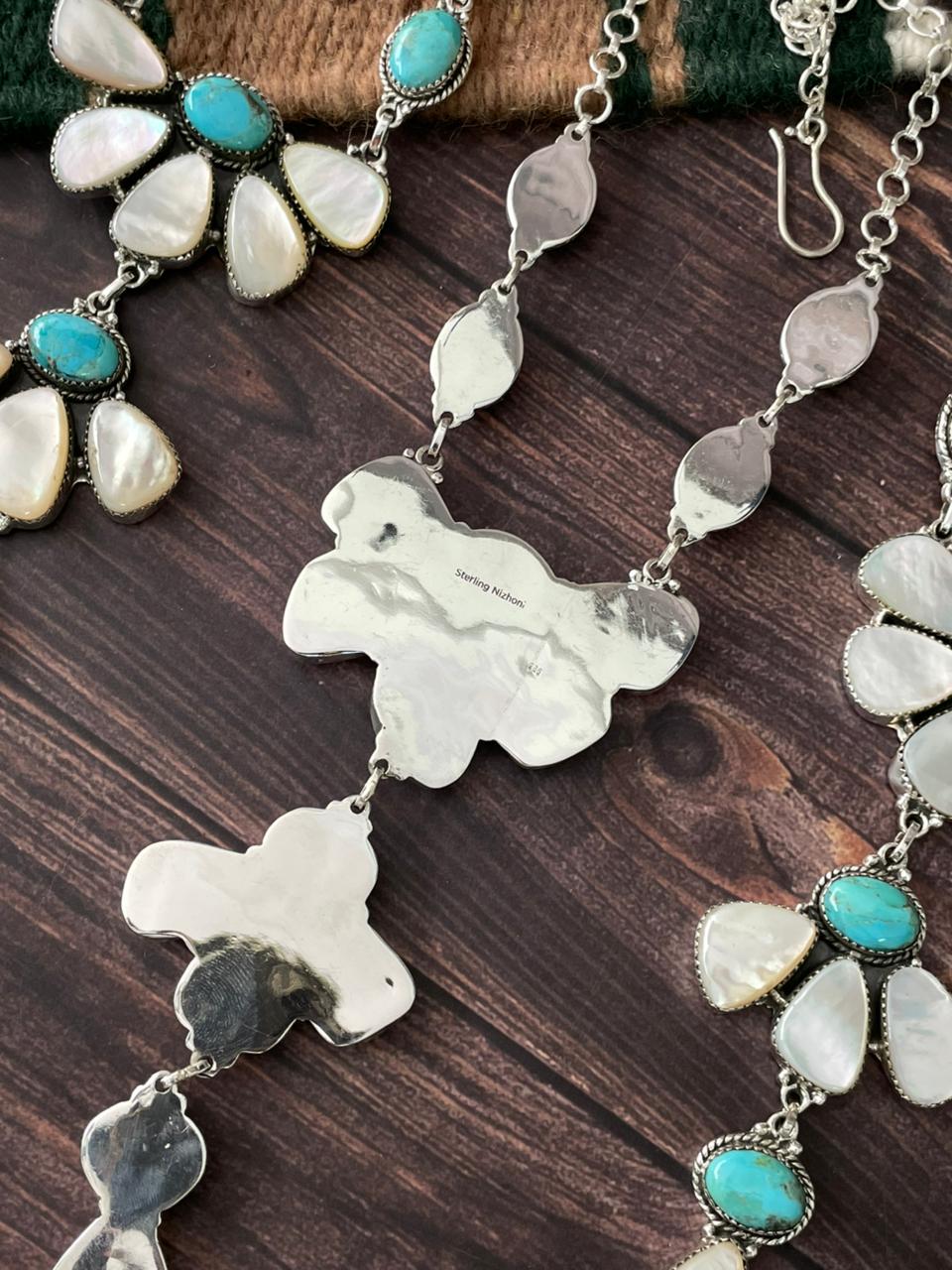 Handmade Sterling Silver Wedding Collection: Mother of Pearl with Kingman Turquoise "Signed Nizhoni"