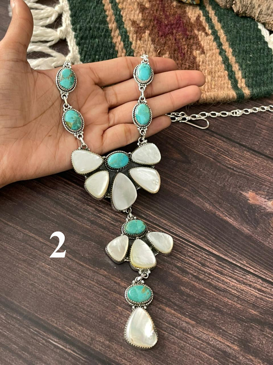Handmade Sterling Silver Wedding Collection: Mother of Pearl with Kingman Turquoise "Signed Nizhoni"