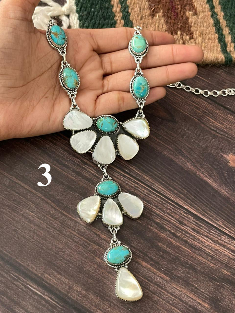 Handmade Sterling Silver Wedding Collection: Mother of Pearl with Kingman Turquoise "Signed Nizhoni"