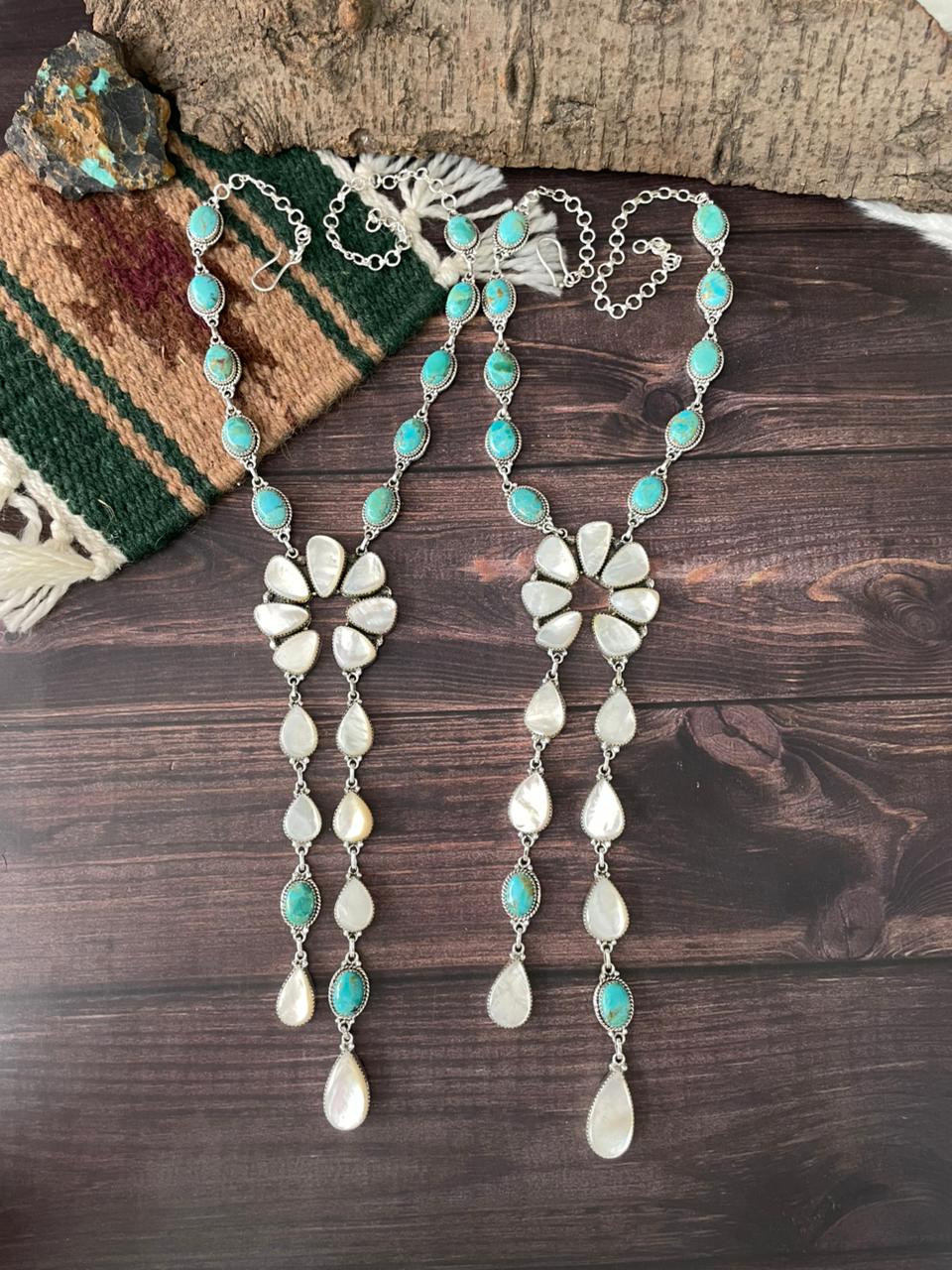 Handmade Sterling Silver Wedding Collection: Mother of Pearl with Kingman Turquoise Necklace "Signed Nizhoni"