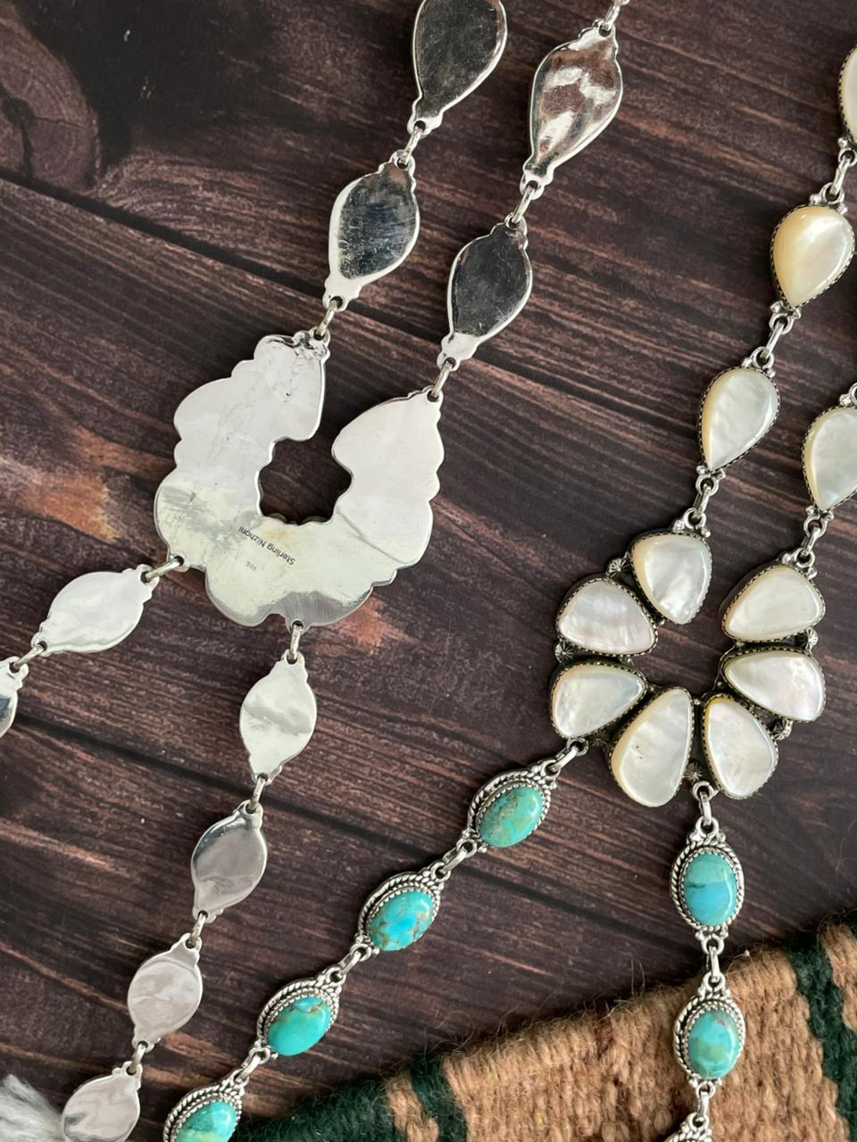 Handmade Sterling Silver Wedding Collection: Mother of Pearl with Kingman Turquoise Necklace "Signed Nizhoni"