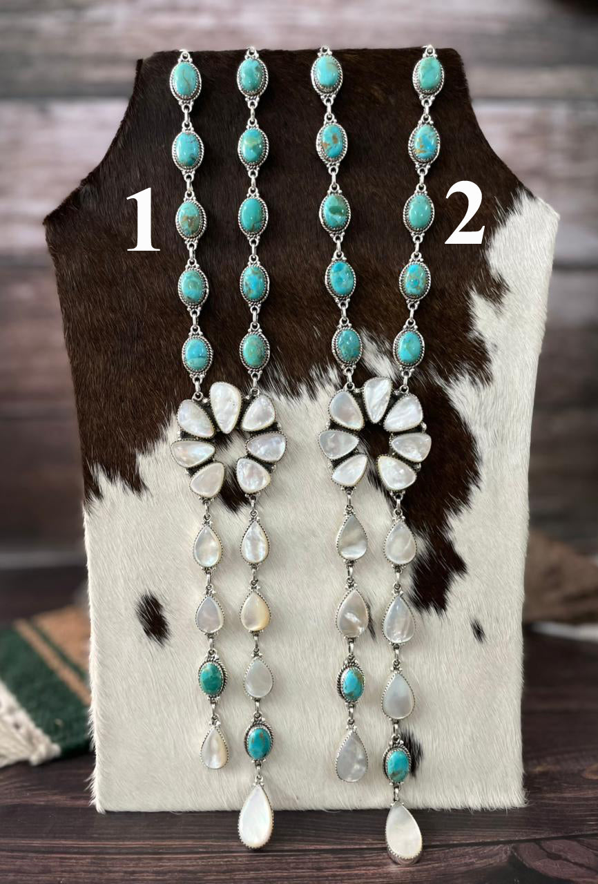 Handmade Sterling Silver Wedding Collection: Mother of Pearl with Kingman Turquoise Necklace "Signed Nizhoni"
