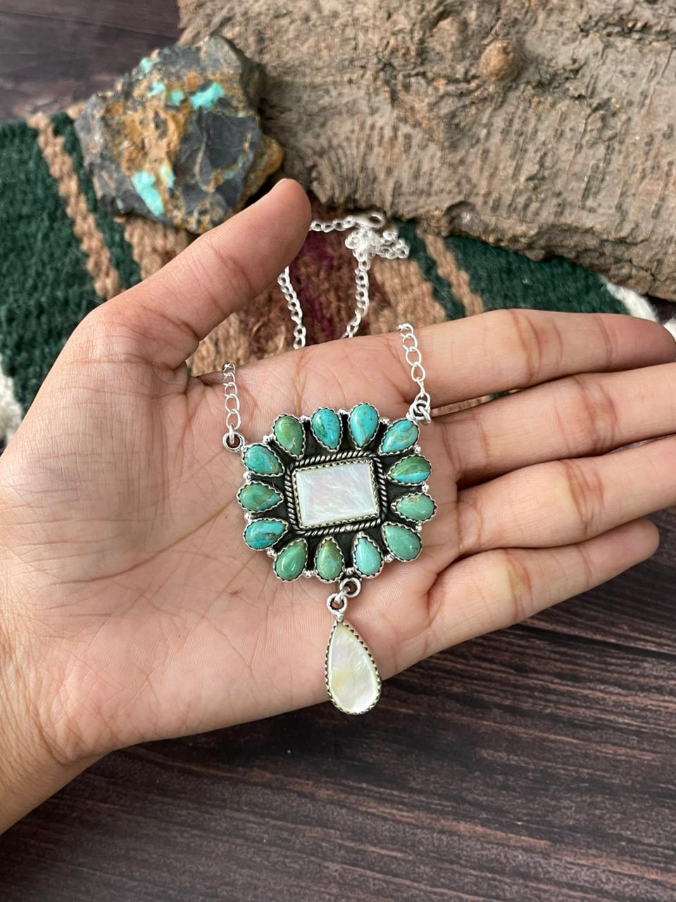 Handmade Sterling Silver Wedding Collection: Mother of Pearl with Kingman Turquoise Necklace "Signed Nizhoni"