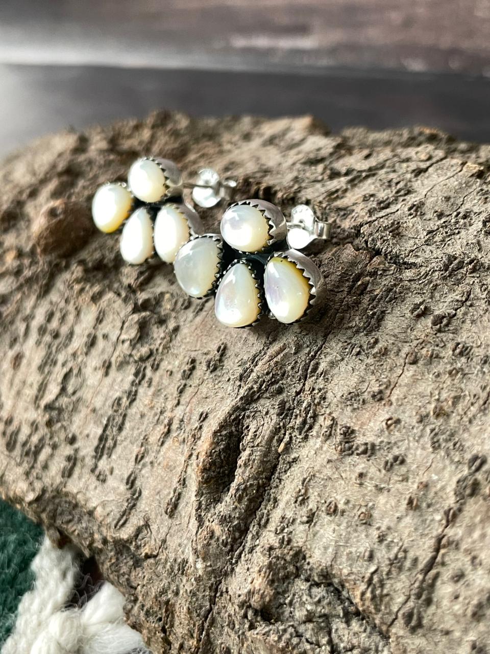 Handmade Sterling Silver Wedding Collection: Mother of Pearl Post Studs Earrings "Signed Nizhoni"
