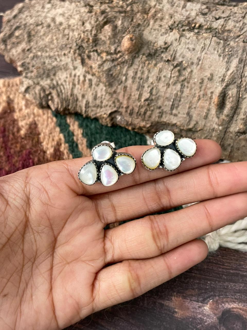 Handmade Sterling Silver Wedding Collection: Mother of Pearl Post Studs Earrings "Signed Nizhoni"