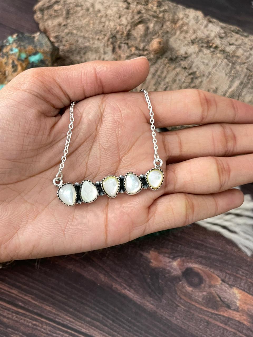 Handmade Sterling Silver Wedding Collection: Mother of Pearl Necklace "Signed Nizhoni"