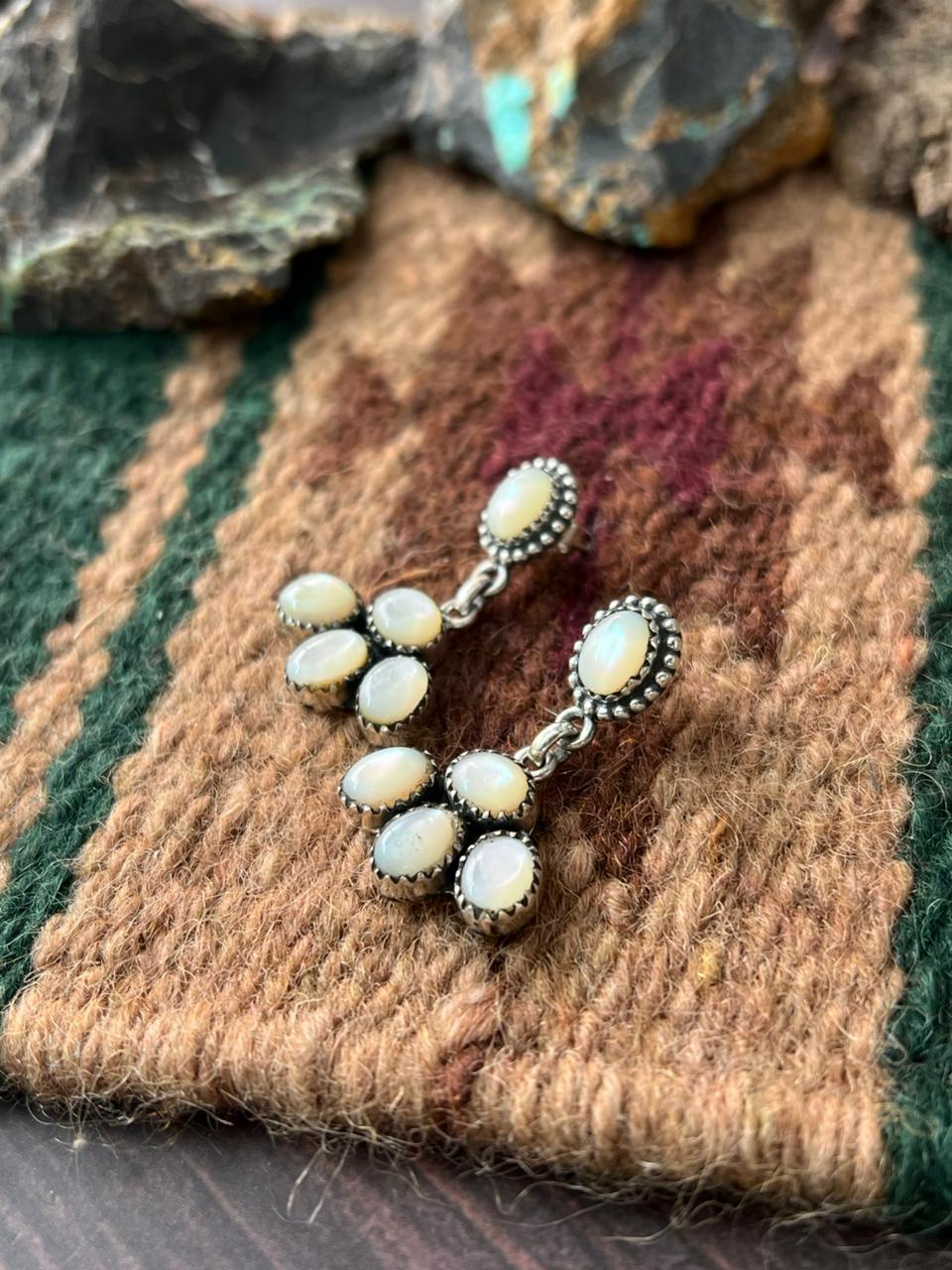 Handmade Sterling Silver Wedding Collection: Mother of Pearl Post Dangle Earrings "Signed Nizhoni"